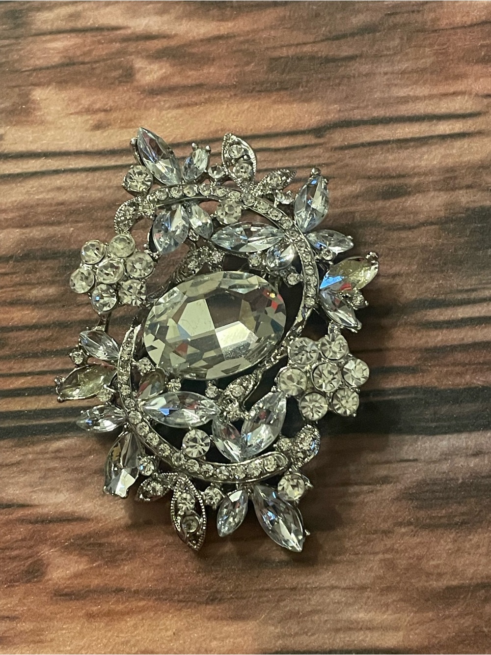 Rhinestone Brooch- Clear Silver-Tone Accent